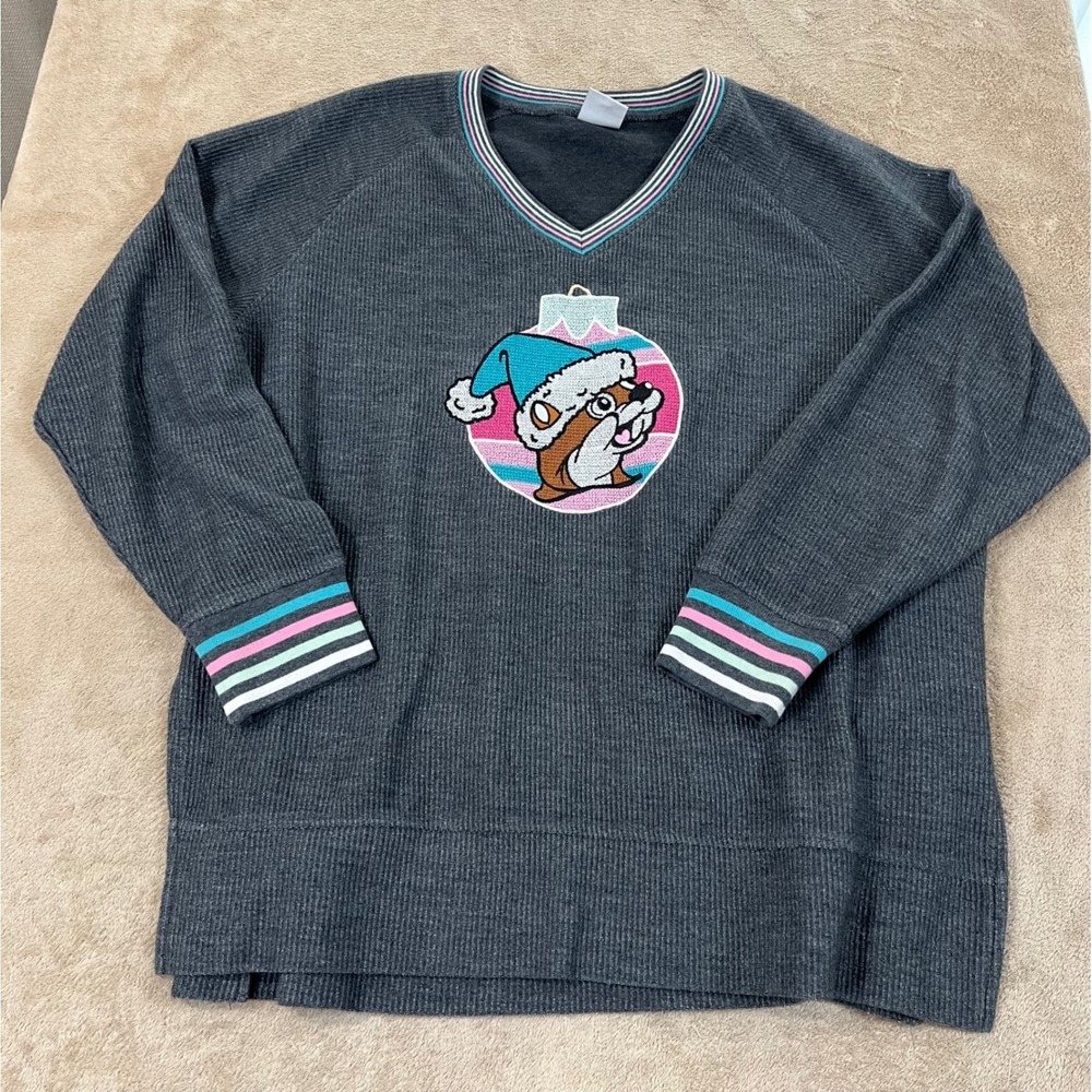 Buc-ee's Christmas V-neck Thermal Graphic Sweater cotton women's XL Gray is EUC